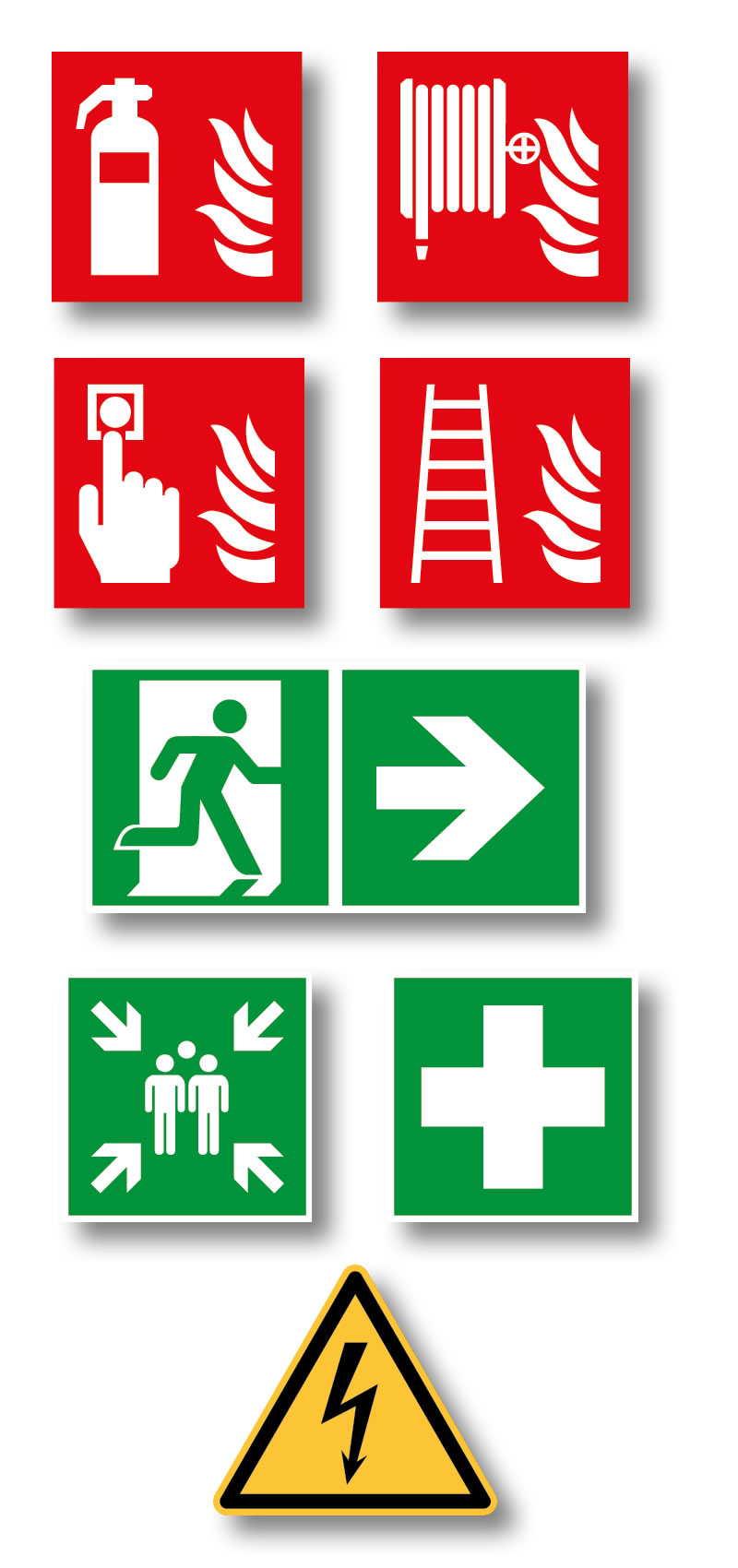 pictogrammes de sécurité : pictogrammes d'évacuation, pictogramme d'extincteur, etc.
